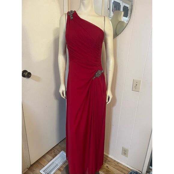 Alex Evenings Red One Shoulder Jewled Ruched Long Gown 10 - Picture 1 of 7